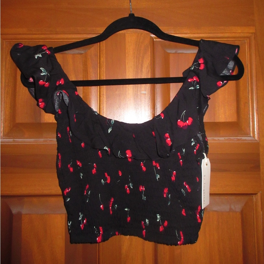 NWT Black Crop Tank Top with Cherry Print